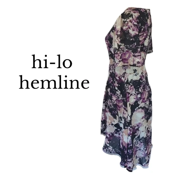 Retro Purple Black Cream Floral Print Short Sleeve Dress - Picture 3 of 5